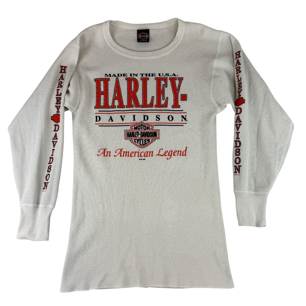 Harley Davidson Thermal Shirt Mens Large White Vintage 1997 Waffle Knit USA Made